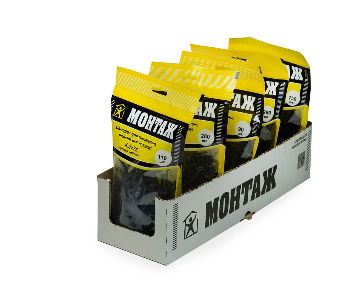 Саморез для гипсокартона 4.2x76, редкий шаг (к дереву), фосфат, дой-пак L, МОНТАЖ (пакет/110шт)