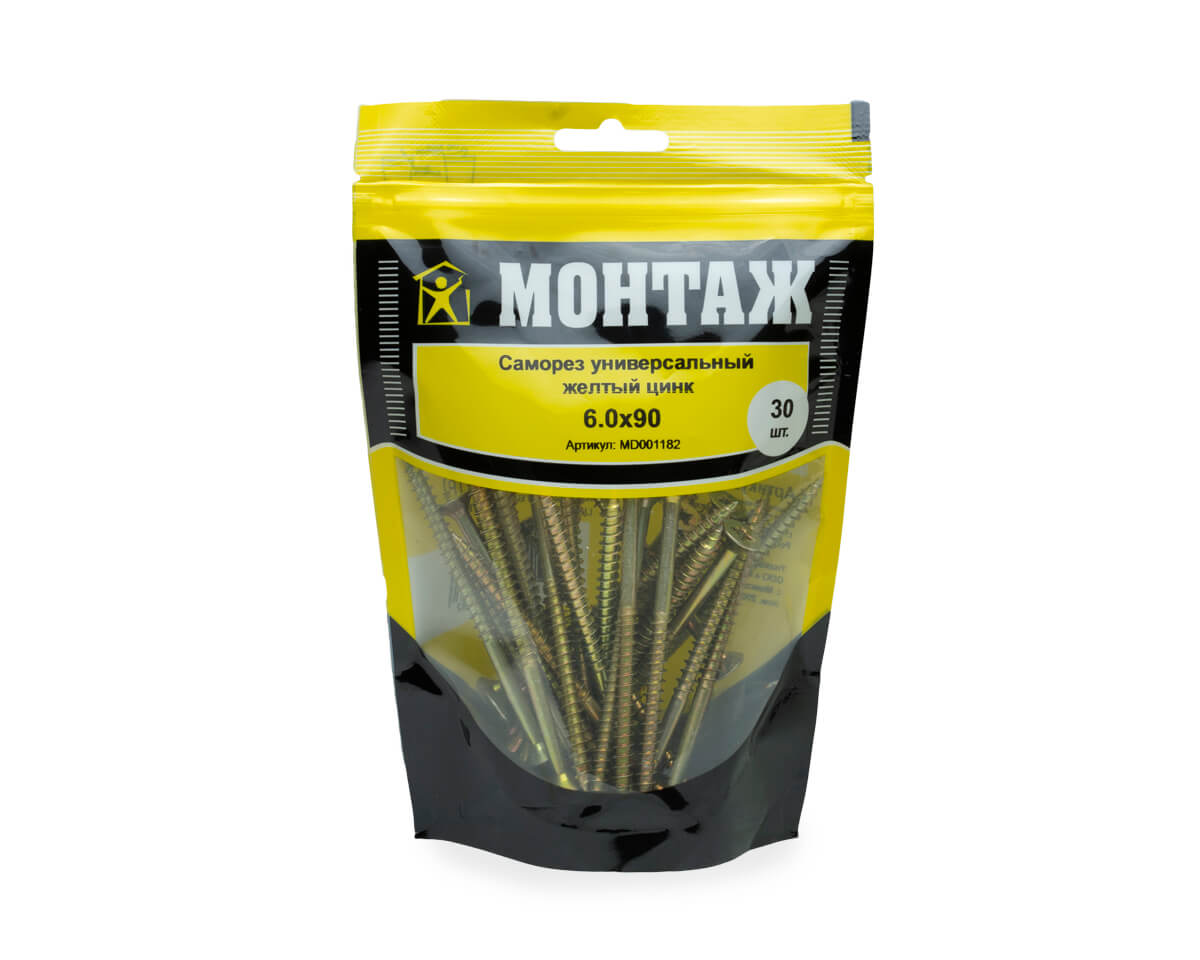 Саморез универсальный 6.0x90, желтый цинк, дой-пак M, МОНТАЖ (пакет/30шт)
