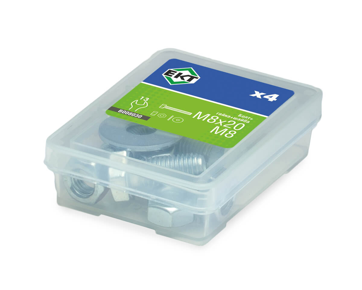 Болт с 6-гран. гол. M8х20, DIN933 в компл. с гайкой и усиленной шайбой М8, цинк (упак/4шт)