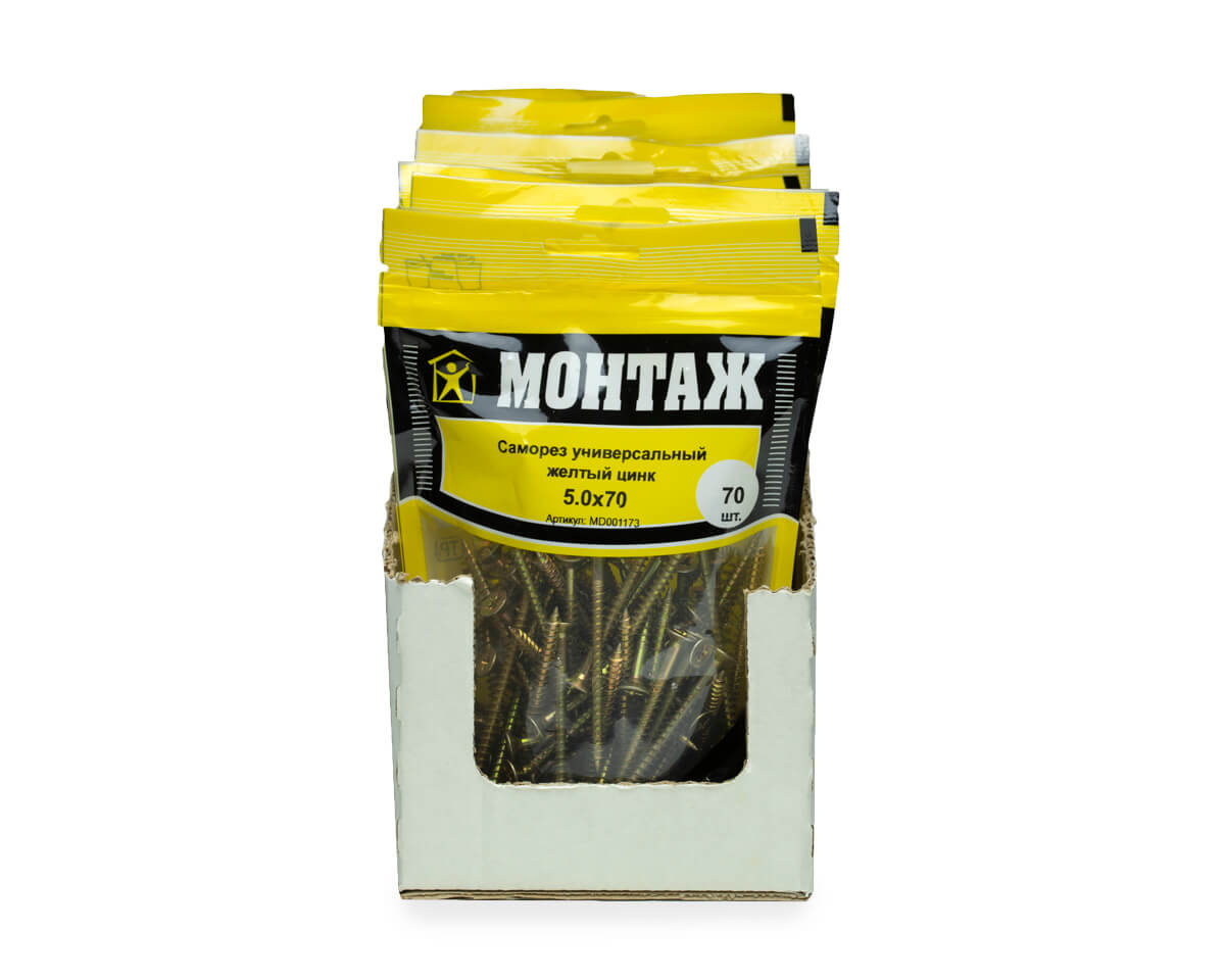 Саморез универсальный 5.0x70, желтый цинк, дой-пак M, МОНТАЖ (пакет/70шт)