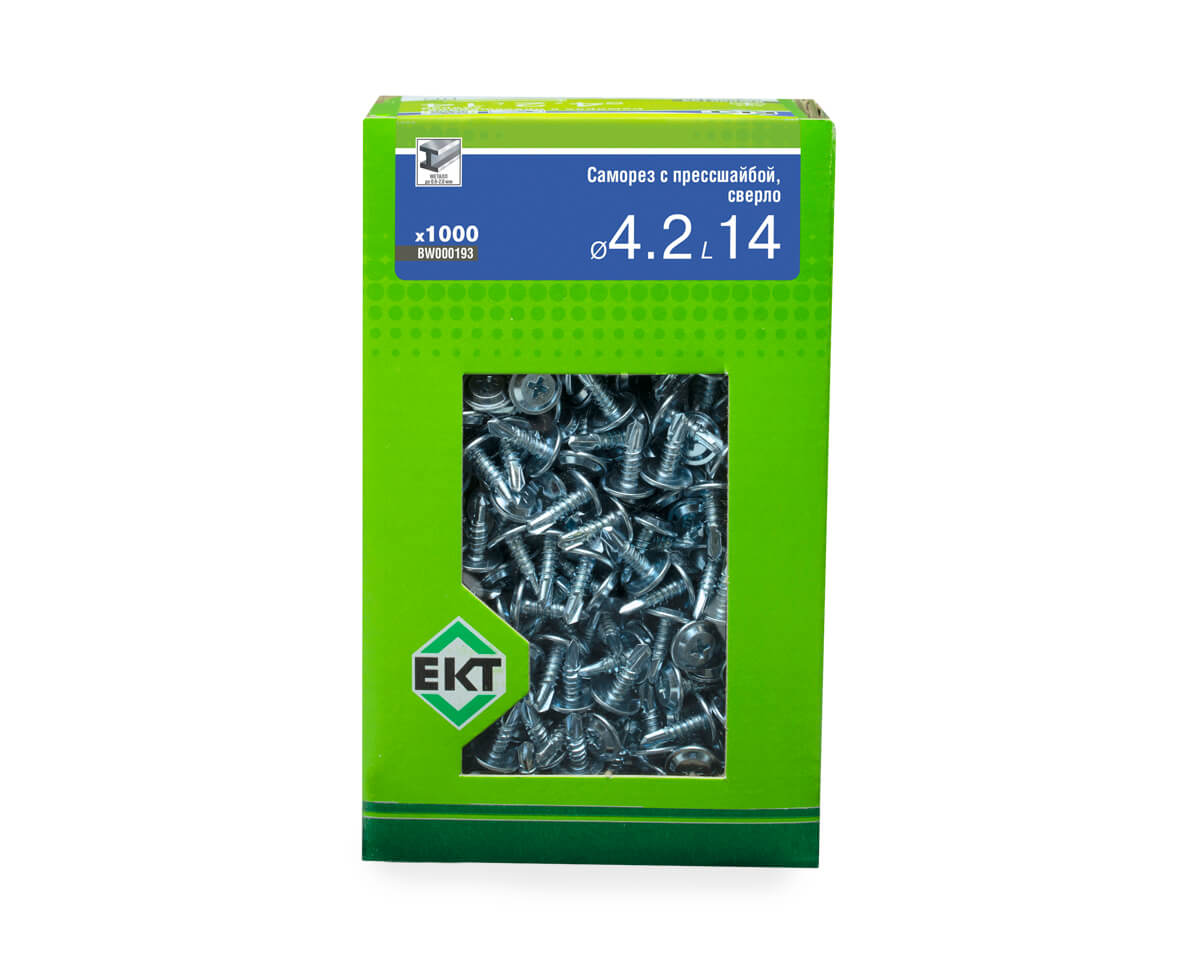 Саморез с прессшайбой, 4.2x14 сверло, цинк, в коробке с окном, ЕКТ (упак/1.000шт)