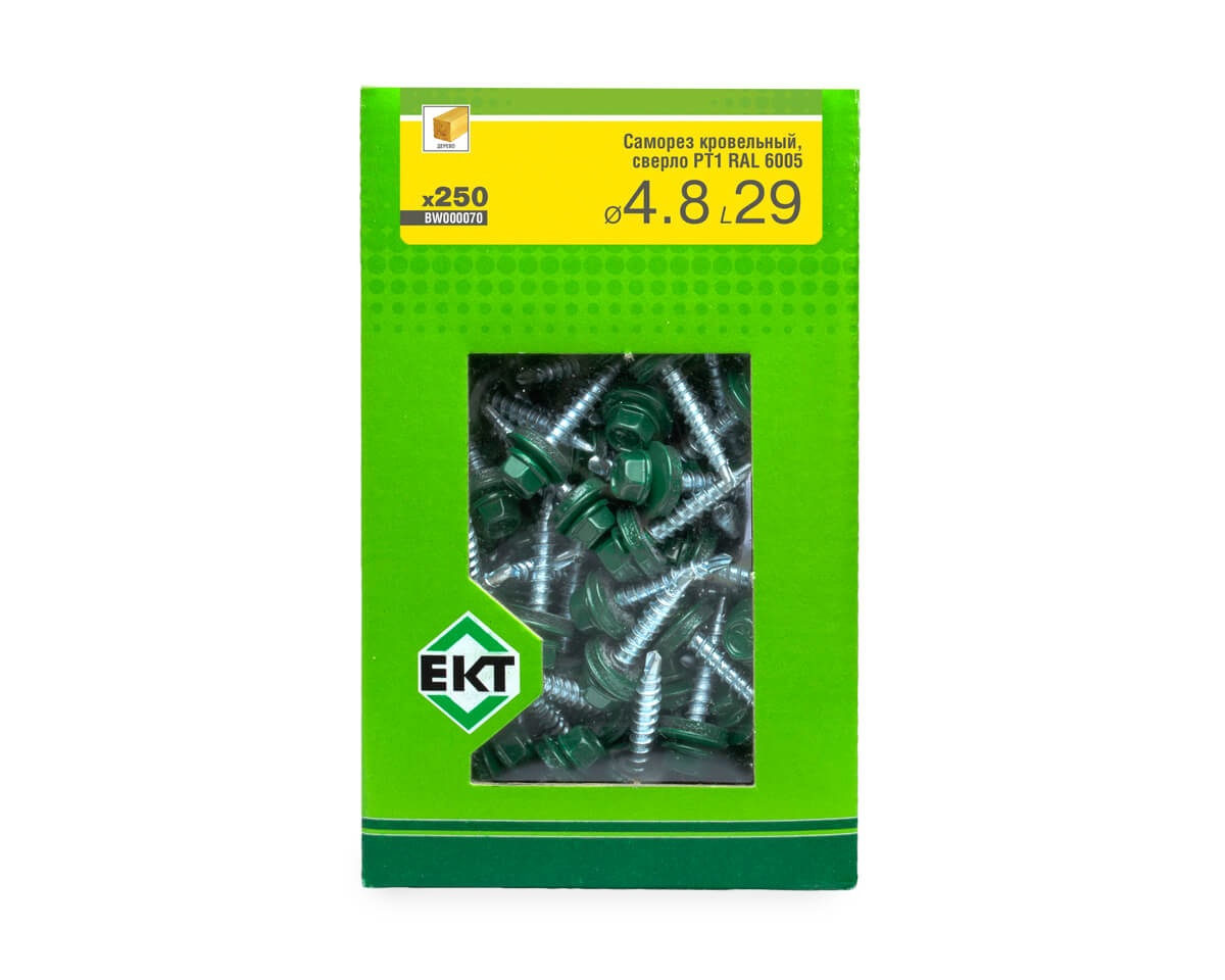 Саморез кровельный с резин. прокл. 4.8х29 сверло PT1, RAL 6005, в коробке с окном, ЕКТ (упак/250шт)