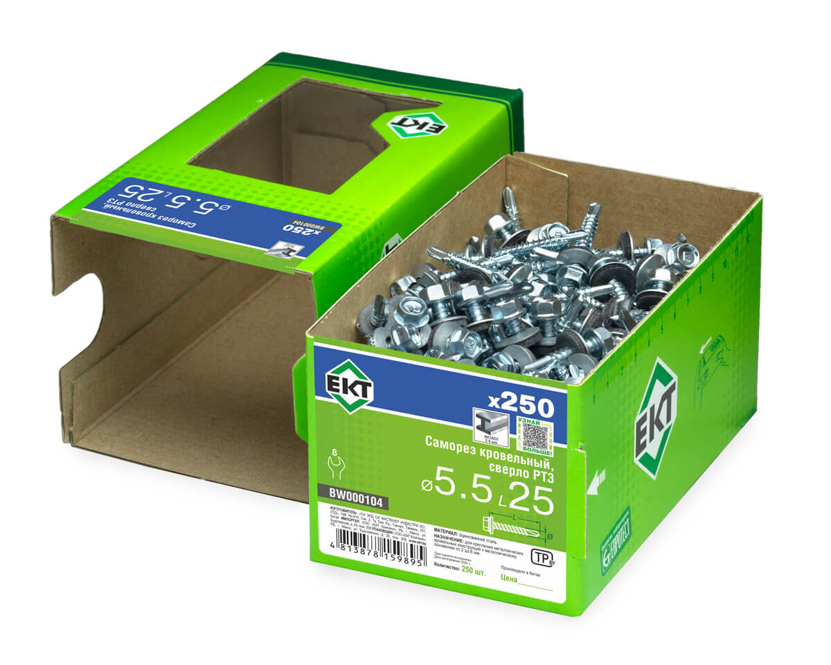 Саморез кровельный с резин. прокл. 5.5х25 сверло PT3, цинк, в коробке с окном, ЕКТ (упак/250шт)