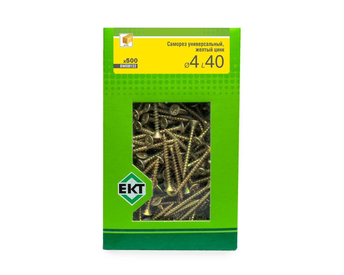 Саморез универсальный 4.0х40, желтый цинк, в коробке с окном, ЕКТ (упак/500шт)