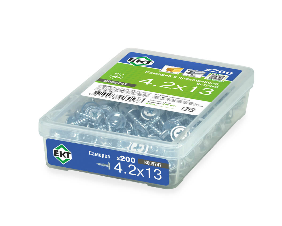 Саморез с прессшайбой, 4.2x13 острый, цинк,в пласт.контейнере, ЕКТ (упак/200шт)