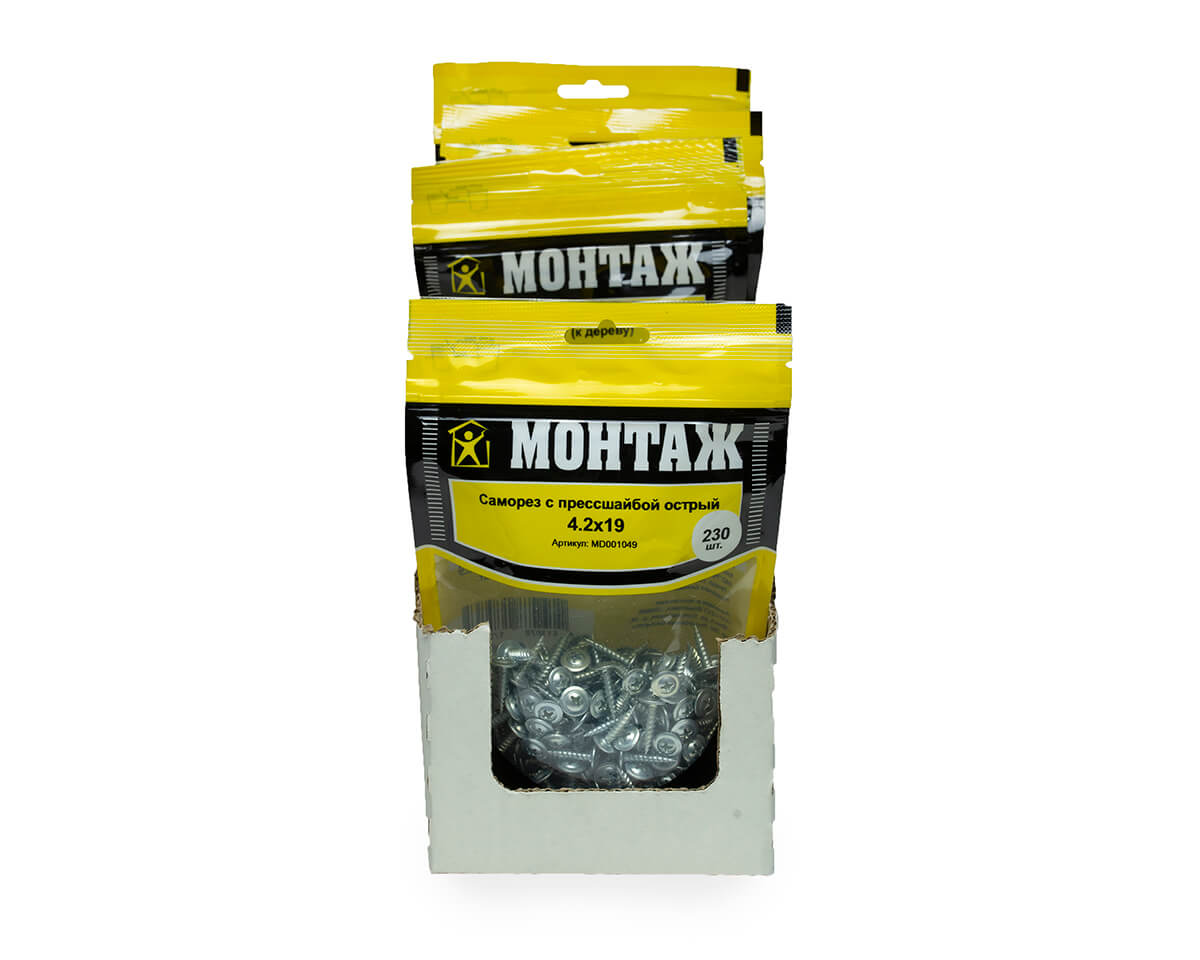 Саморез с прессшайбой 4.2x19, острый, цинк, дой-пак M, МОНТАЖ (пакет/230шт)