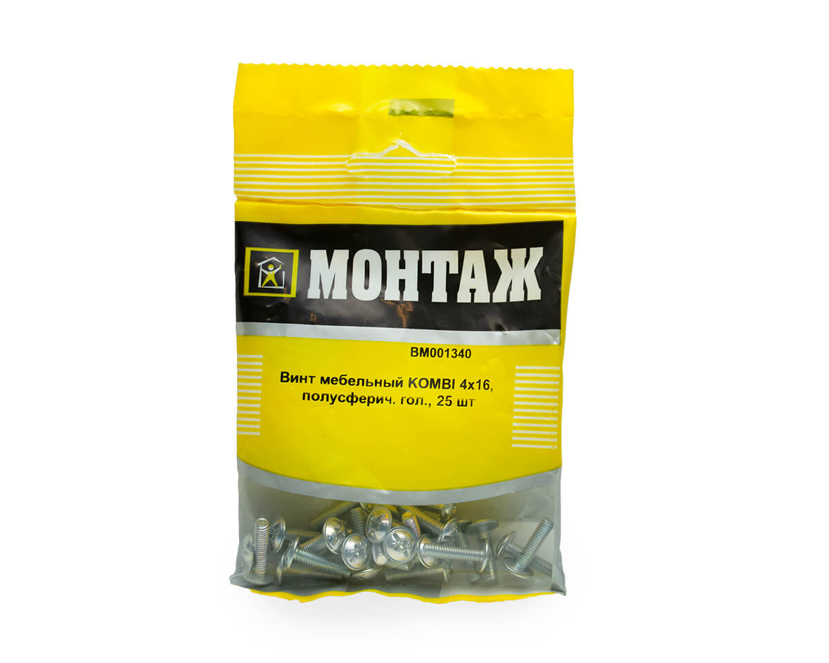 Винт мебельный 4х16, шлиц KOMBI, цинк (пакет/25шт)