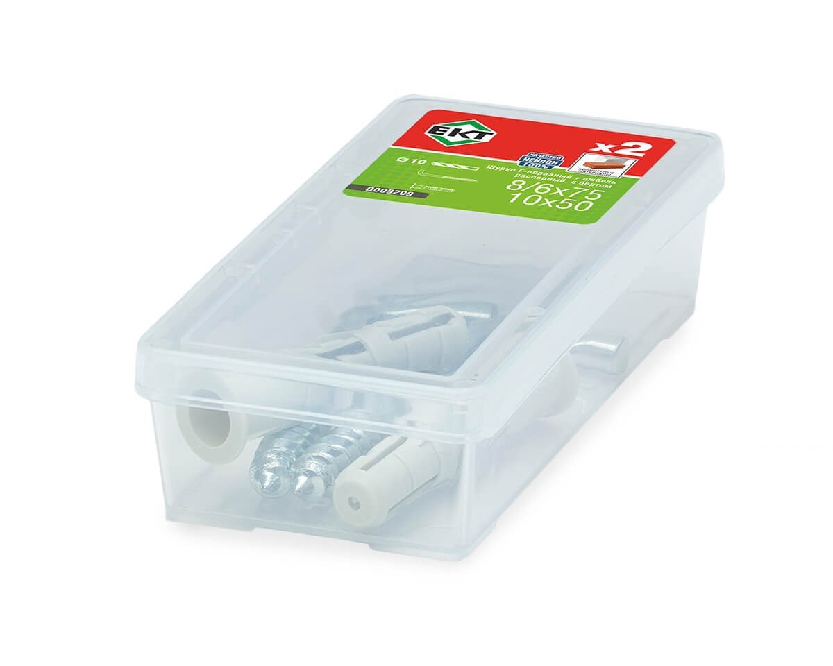 Шуруп Г-образный 8/6х75, оцинк. + распорный дюбель с бортиком KSD S 10х50, нейлон (упак/2шт)