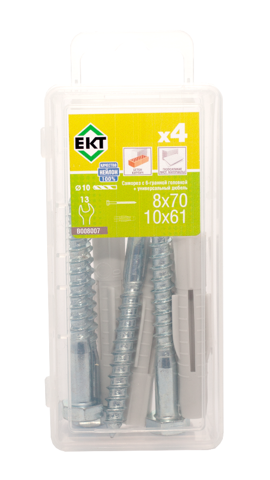 Саморез с 6-гран. гол., белый цинк 8,0х70 + универсальный дюбель UDD 10х61, нейлон (упак/4шт)