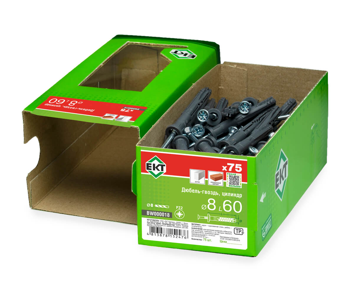 Дюбель-гвоздь GL, 8x60 цилиндр, п/п, ЕКТ (кор. с окном/75шт)