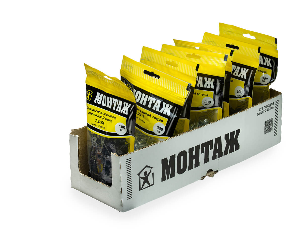 Саморез для гипсокартона 3.9x64, редкий шаг (к дереву), фосфат, дой-пак M, МОНТАЖ (пакет/100шт)