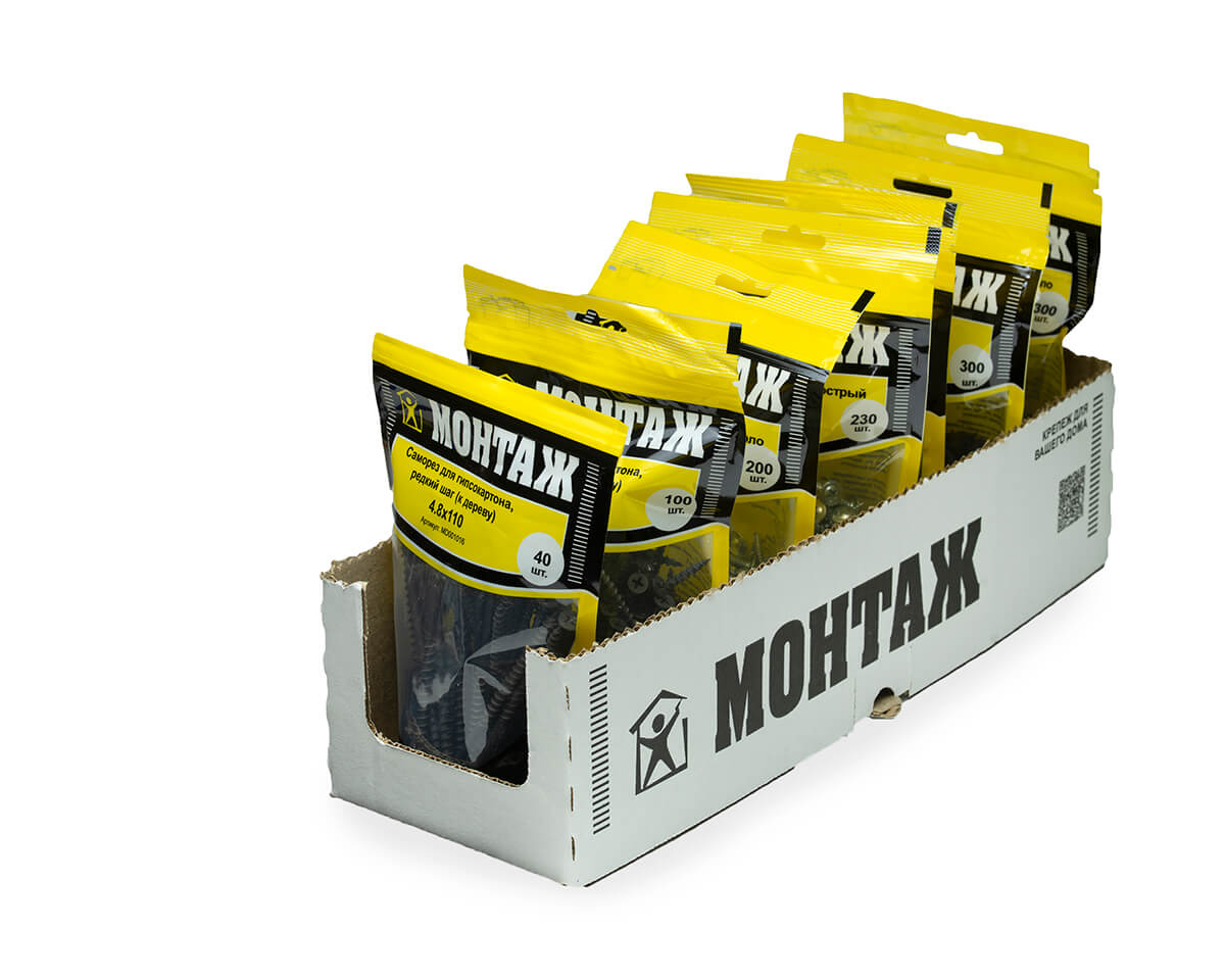 Саморез для гипсокартона 4.8x110, редкий шаг (к дереву), фосфат, дой-пак M, МОНТАЖ (пакет/40шт)