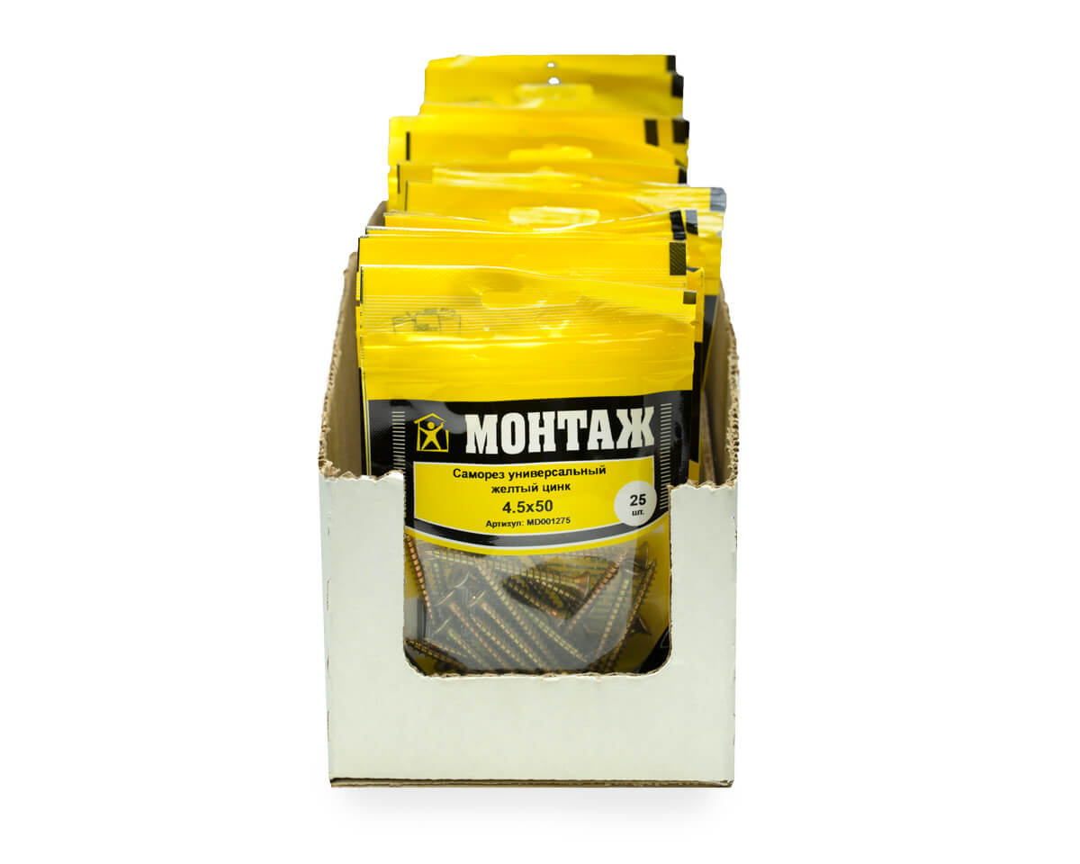 Саморез универсальный 4.5x50, желтый цинк, дой-пак S, МОНТАЖ (пакет/25шт)