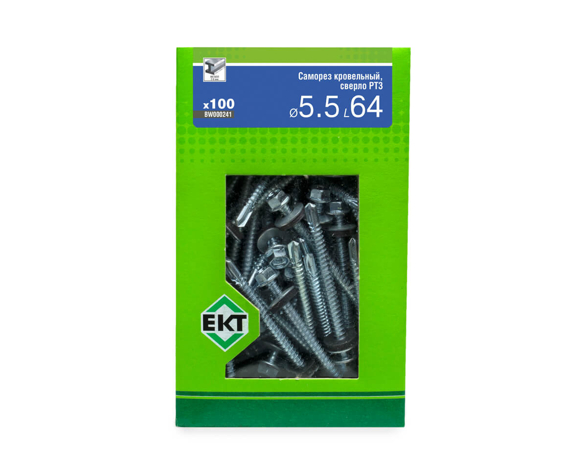 Саморез кровельный с резин. прокл. 5.5х64 сверло PT3, цинк, в коробке с окном, ЕКТ (упак/100шт)