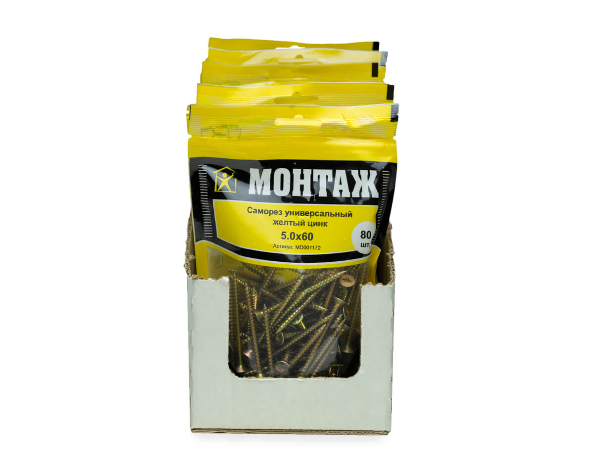 Саморез универсальный 5.0x60, желтый цинк, дой-пак M, МОНТАЖ (пакет/80шт)