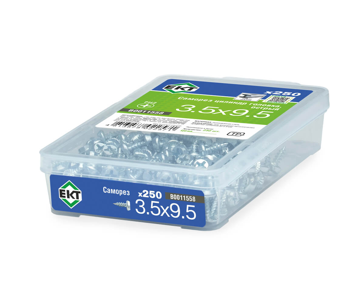 Саморез с цилиндрической головкой, 3,5х9,5, острый, цинк, в пласт. контейнере (упак/250шт)