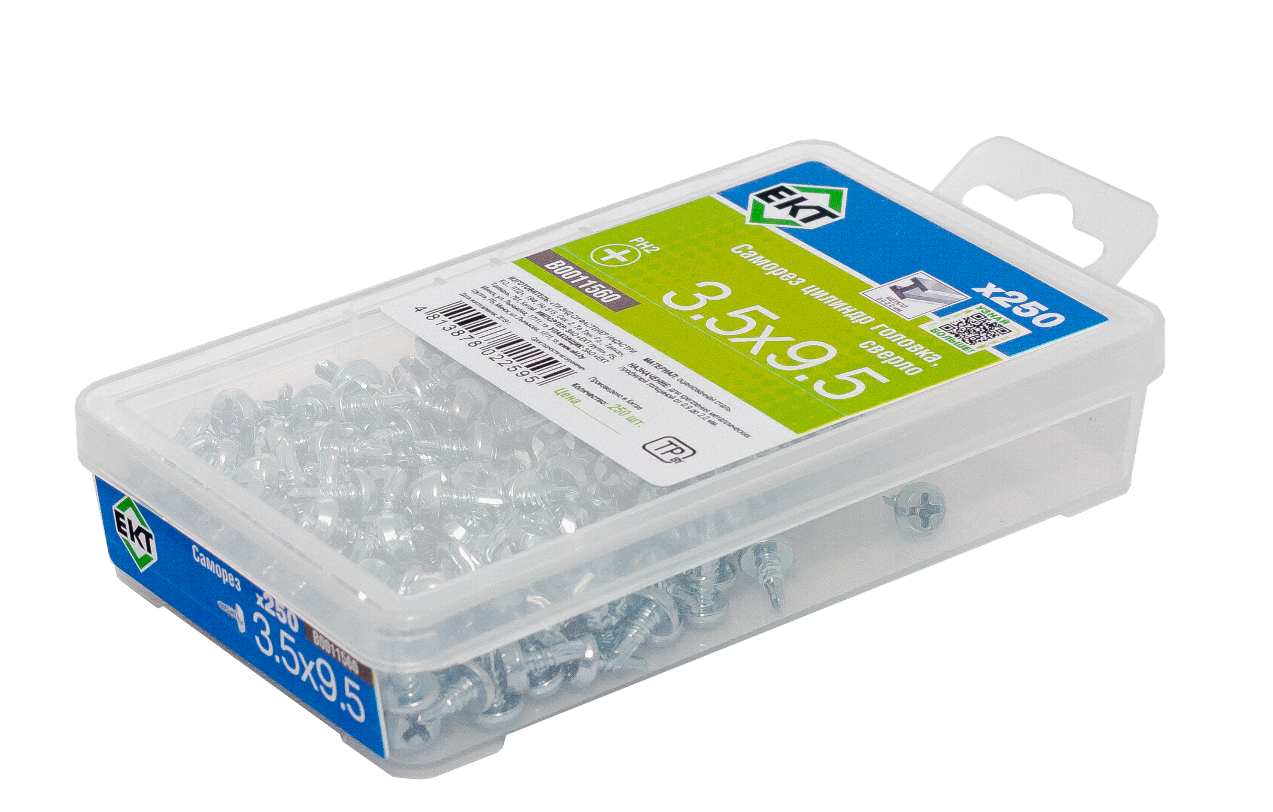 Саморез с цилиндрической головкой, 3,5х9,5, сверло, цинк, в пласт. контейнере (упак/250шт)