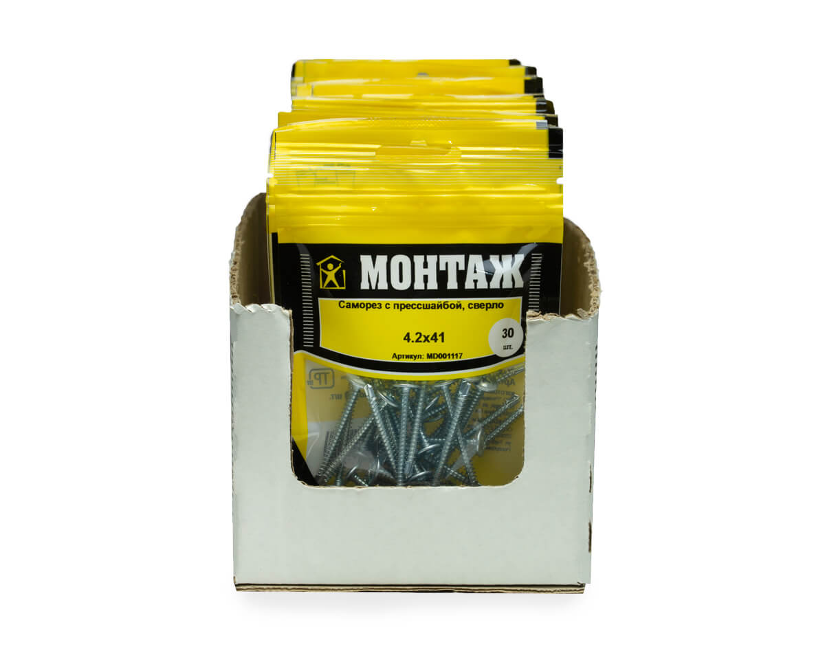 Саморез с прессшайбой 4.2x41, сверло, цинк, дой-пак S, МОНТАЖ (пакет/30шт)
