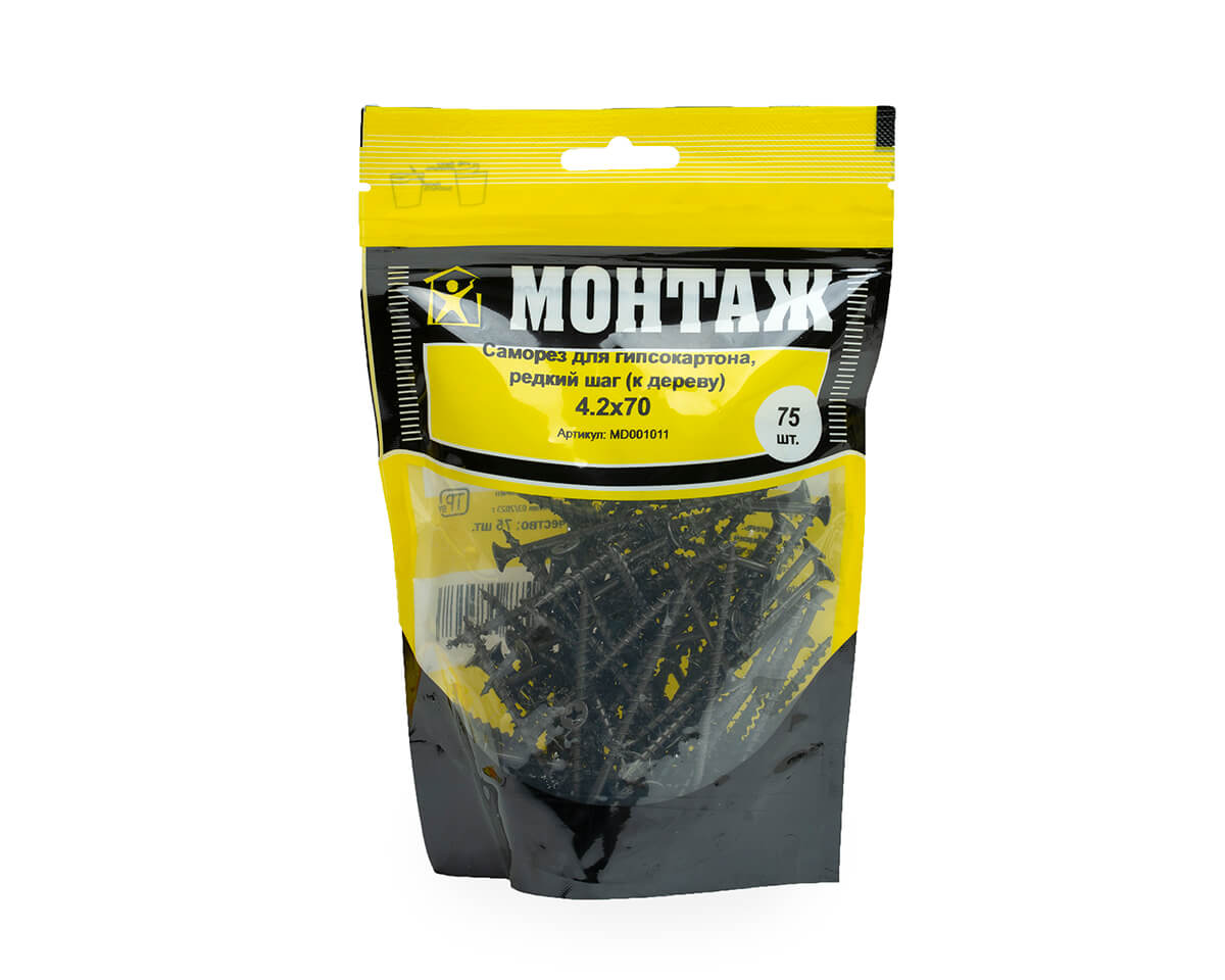Саморез для гипсокартона 4.2x70, редкий шаг (к дереву), фосфат, дой-пак M, МОНТАЖ (пакет/75шт)