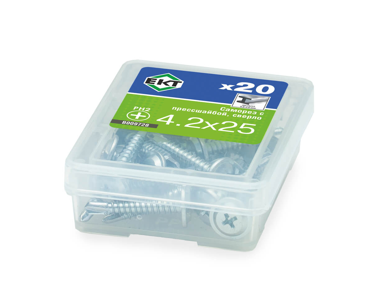 Саморез с прессшайбой, 4.2x25 сверло, цинк, ЕКТ (упак/20шт)