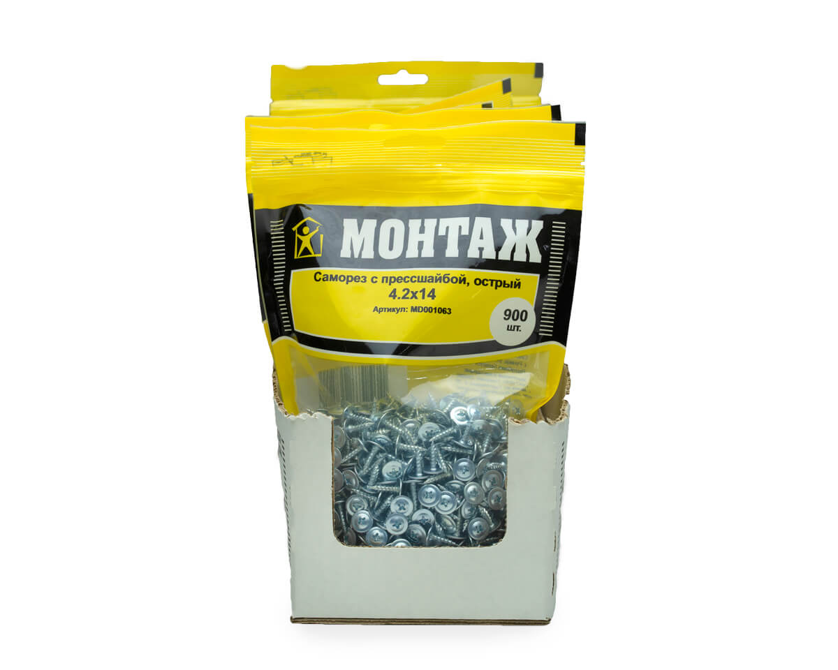 Саморез с прессшайбой 4.2x14, острый, цинк, дой-пак L, МОНТАЖ (пакет/900шт)