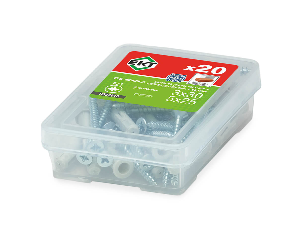 Саморез, белый цинк 3,0х30 + распорный дюбель с бортом KSD S 5х25, нейлон (упак/20шт)