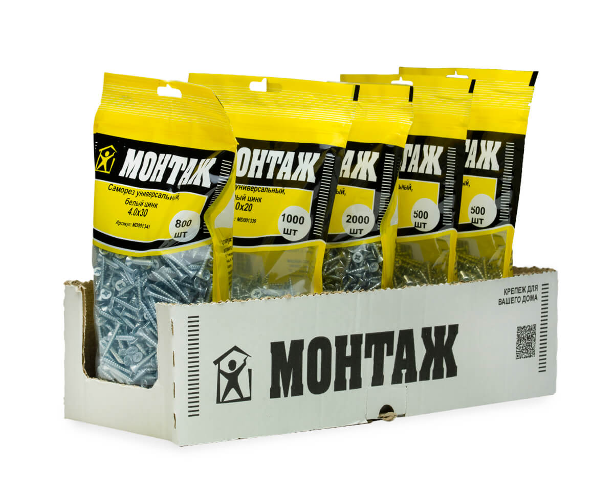 Саморез универсальный 4,0х30, белый цинк, МОНТАЖ (дой-пак L/800шт)