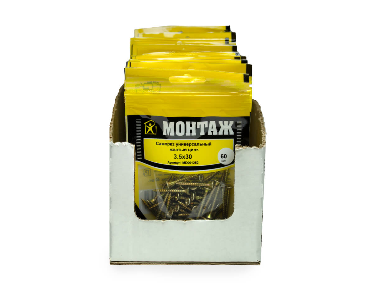 Саморез универсальный 3.5x30, желтый цинк, дой-пак S, МОНТАЖ (пакет/60шт)