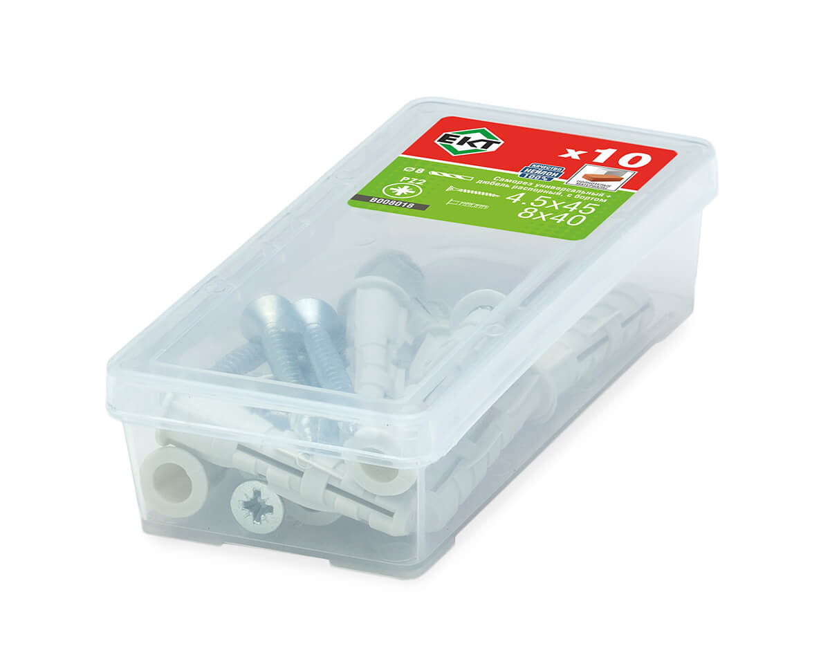 Саморез, белый цинк 4,5х45 + распорный дюбель с бортом KSD S 8х40, нейлон (упак/10шт)