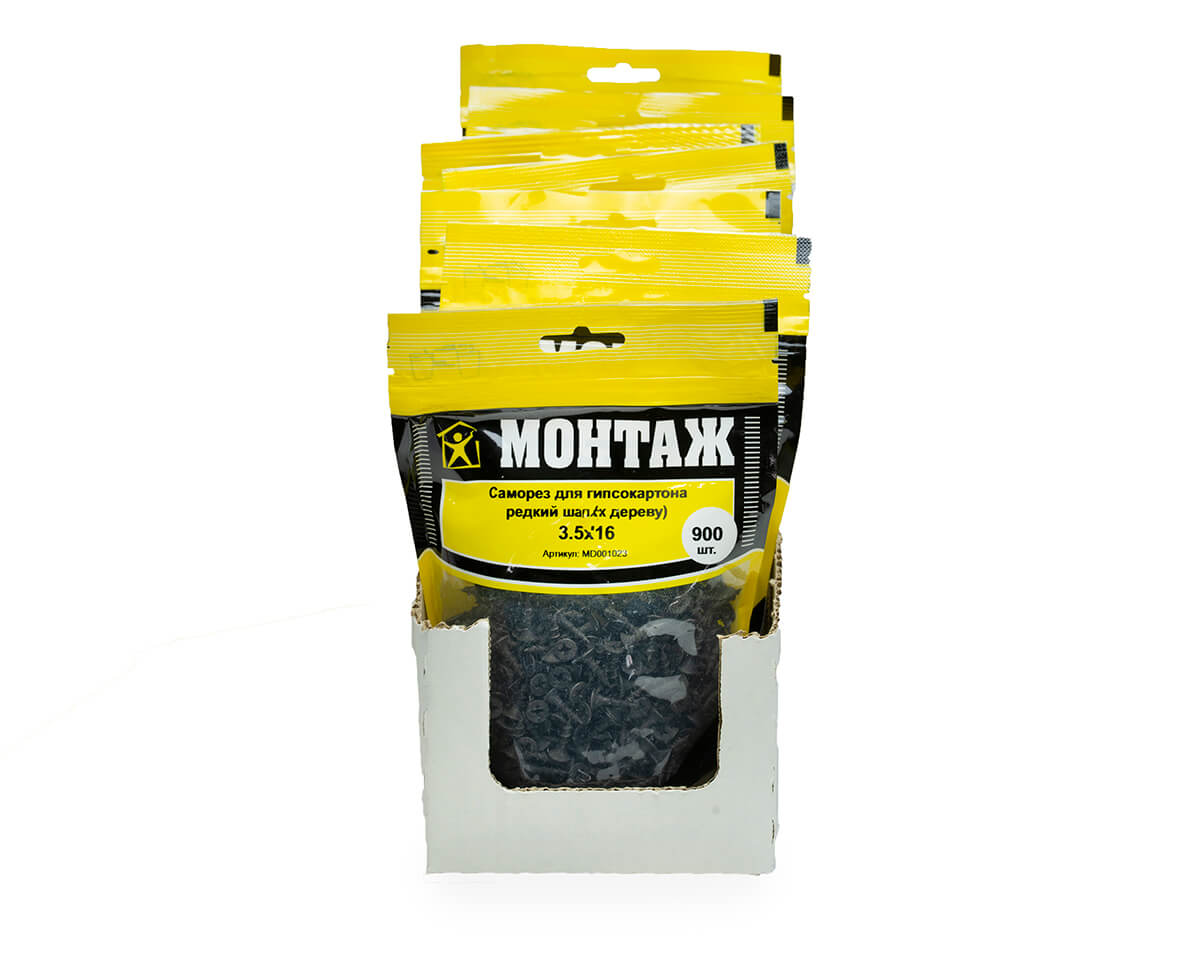 Саморез для гипсокартона 3.5x16, редкий шаг (к дереву), фосфат, дой-пак M, МОНТАЖ (пакет/900шт)