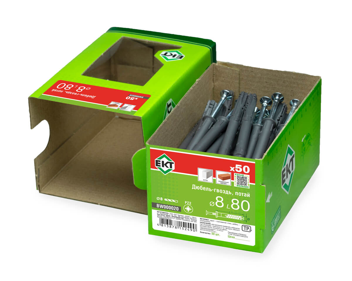 Дюбель-гвоздь GL, 8x80 потай, п/п, ЕКТ (кор. с окном/50шт)