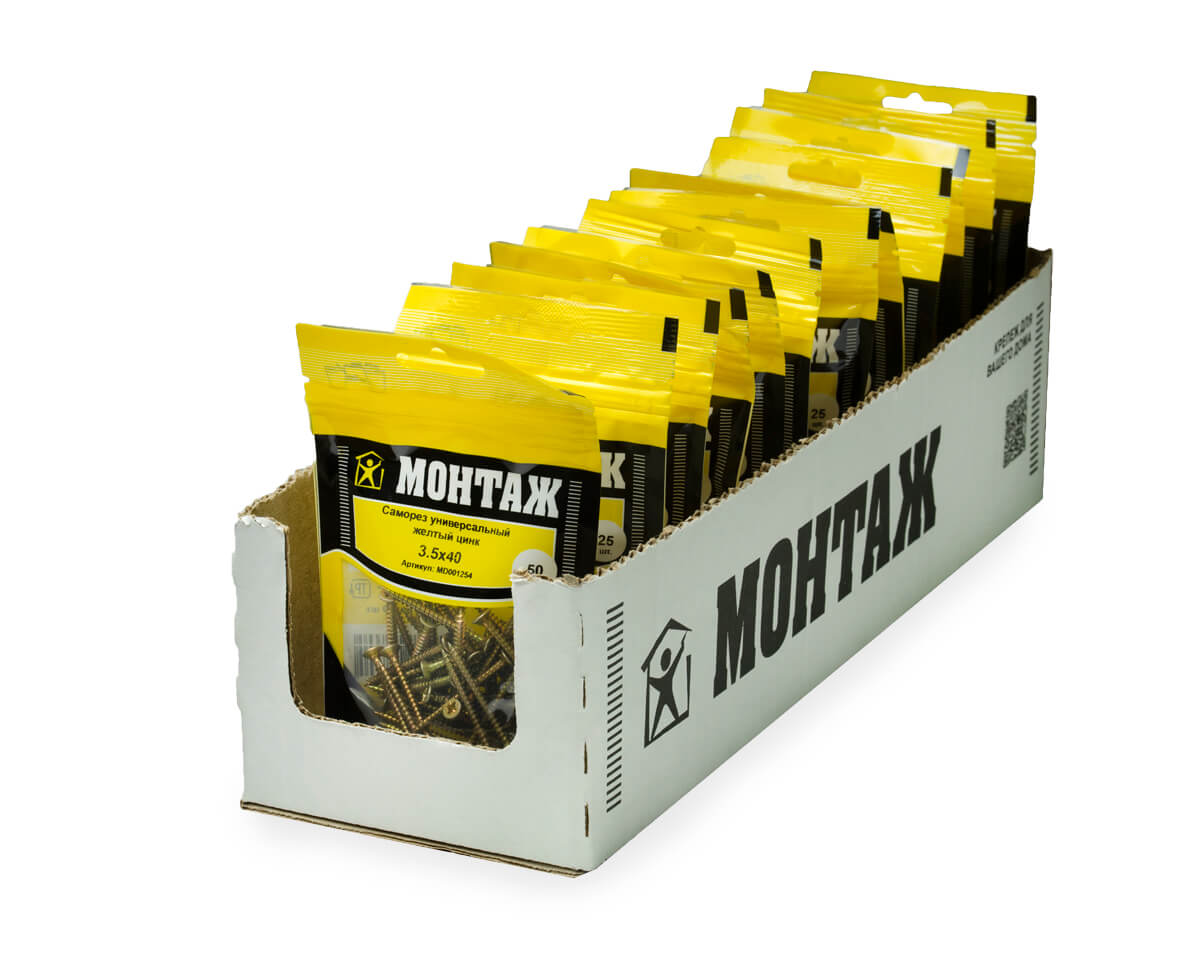Саморез универсальный 3.5x40, желтый цинк, дой-пак S, МОНТАЖ (пакет/50шт)