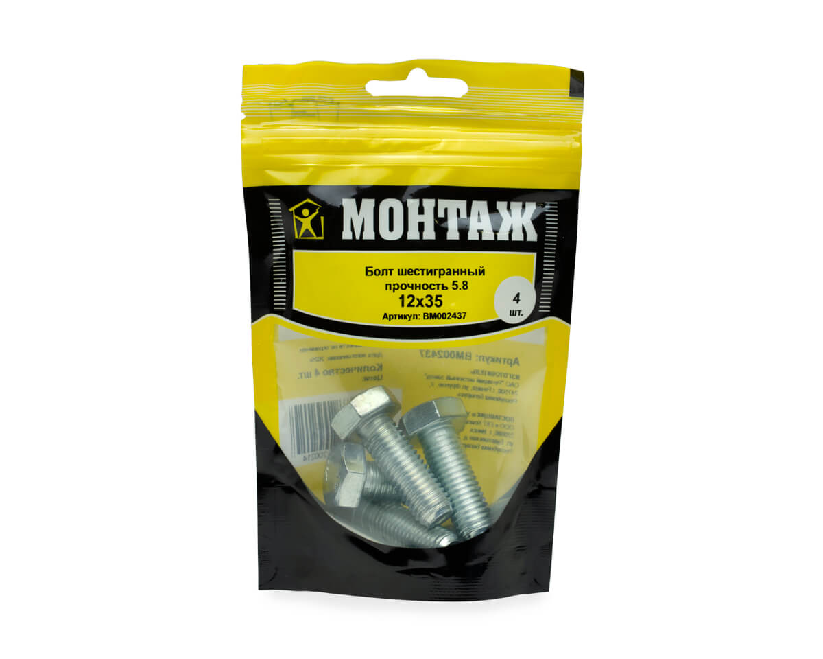 Болт с шестигр. головкой М12х35/35, DIN933/ГОСТ 7798-70,кл.5.8,цинк МОНТАЖ (пакет/4шт)