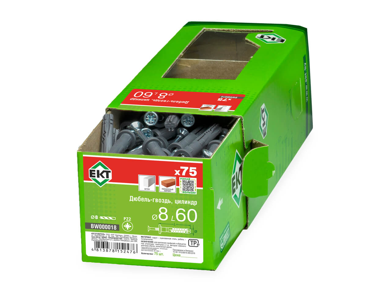 Дюбель-гвоздь GL, 8x60 цилиндр, п/п, ЕКТ (кор. с окном/75шт)
