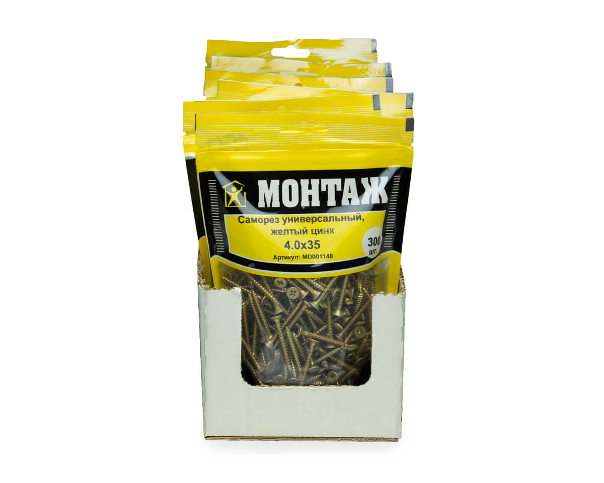 Саморез универсальный 4.0x35, желтый цинк, дой-пак M, МОНТАЖ (пакет/300шт)