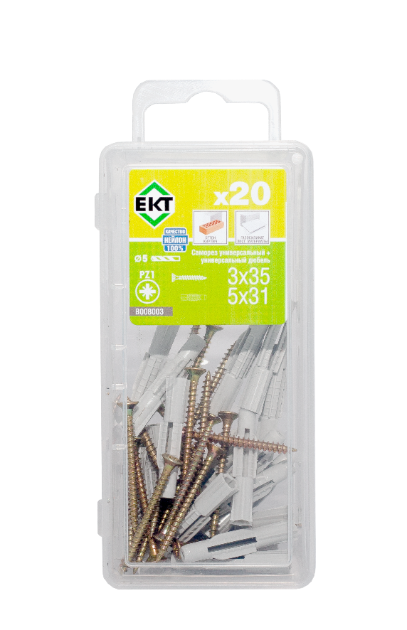 Саморез, белый цинк 3,0х35 + универсальный дюбель UDD 5х31, нейлон (упак/20шт)
