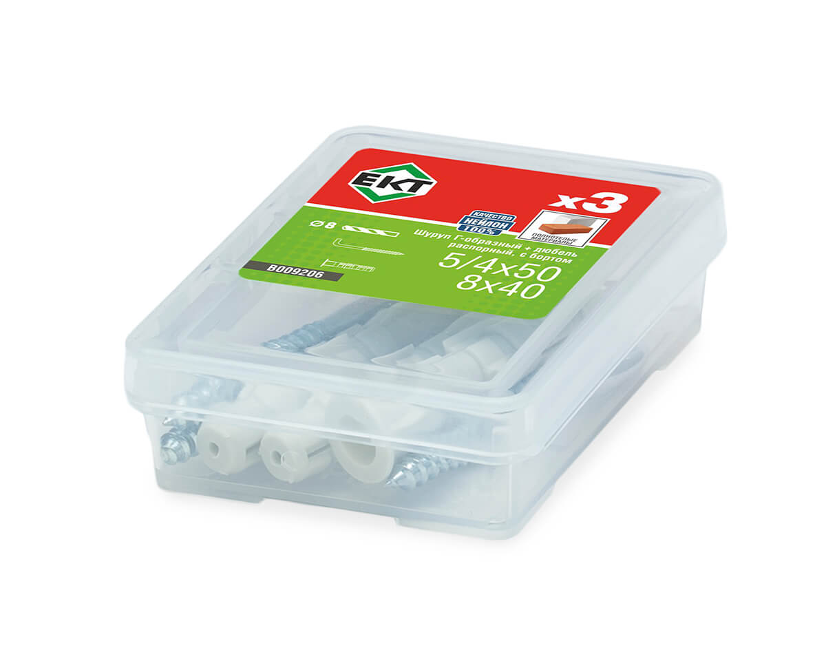 Шуруп Г-образный 5/4х50, оцинк. + распорный дюбель с бортиком KSD S 8x40, нейлон (упак/3шт)