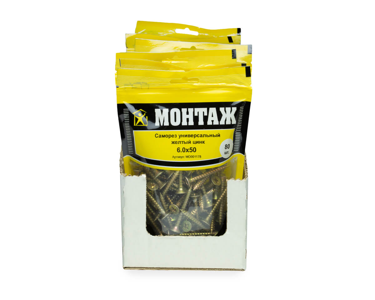 Саморез универсальный 6.0x50, желтый цинк, дой-пак M, МОНТАЖ (пакет/80шт)