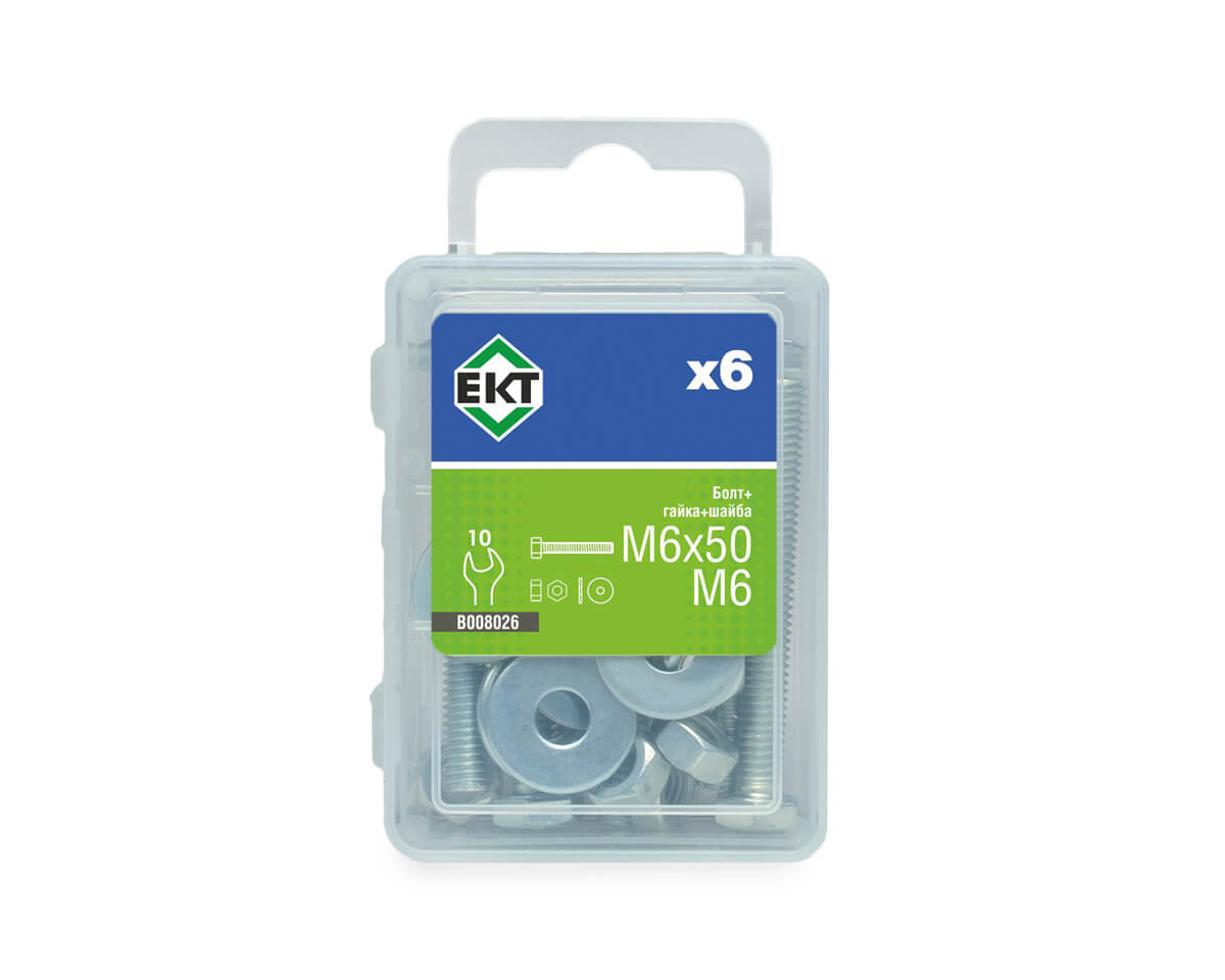 Болт с 6-гран. гол. M6х50, DIN933 в компл. с гайкой и усиленной шайбой М6, цинк (упак/6шт)