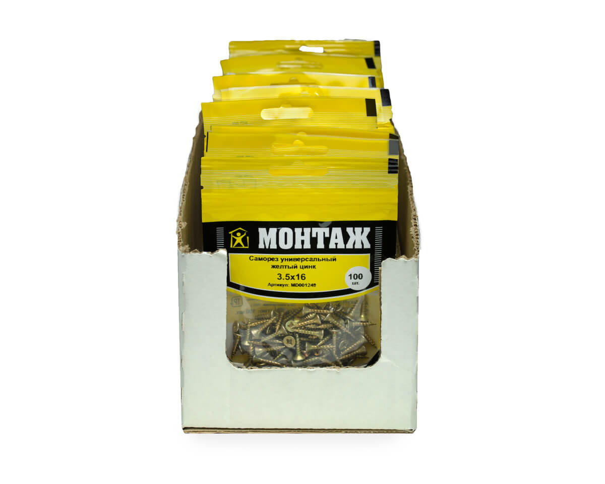 Саморез универсальный 3.5x16, желтый цинк, дой-пак S, МОНТАЖ (пакет/100шт)