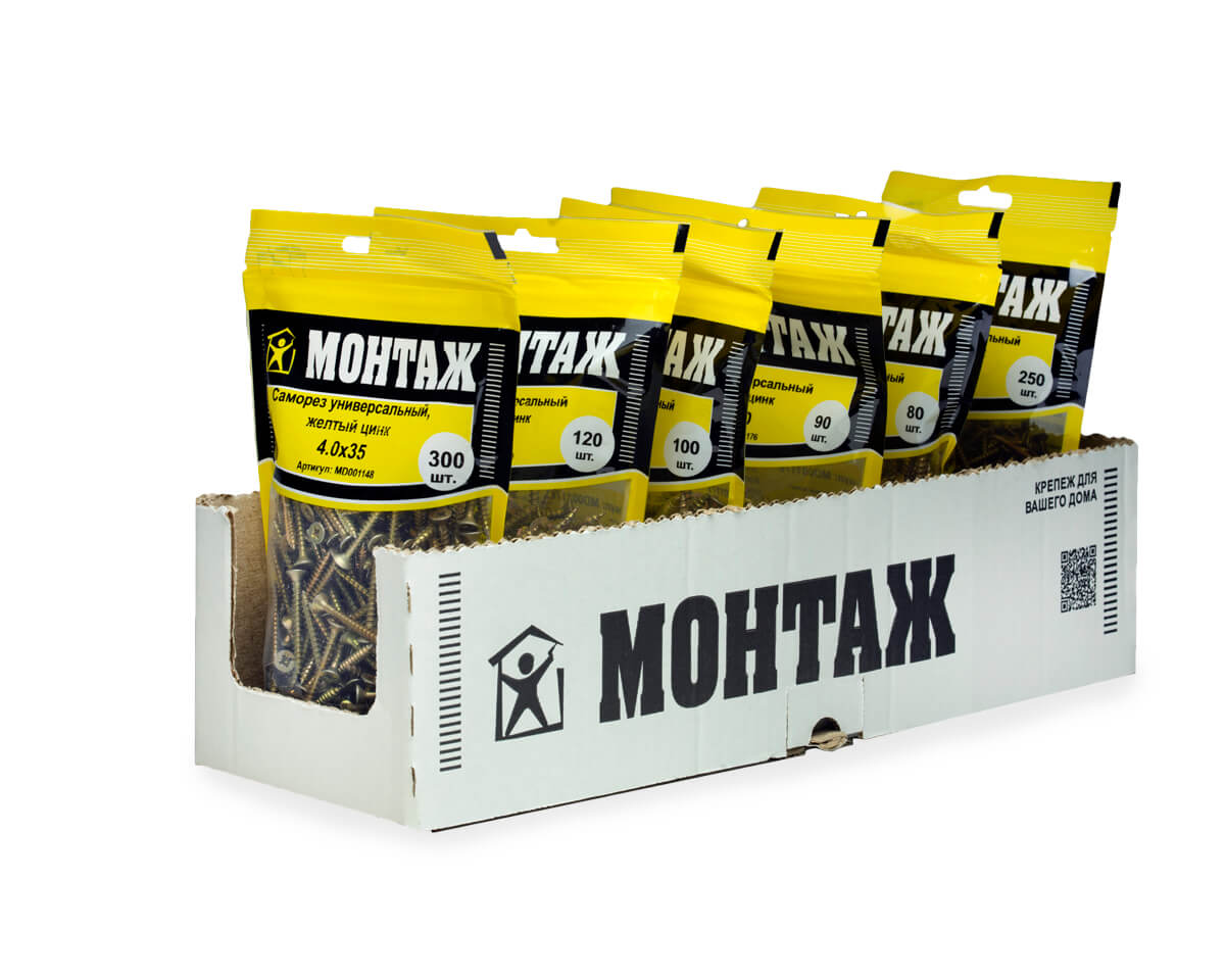Саморез универсальный 4.0x35, желтый цинк, дой-пак M, МОНТАЖ (пакет/300шт)