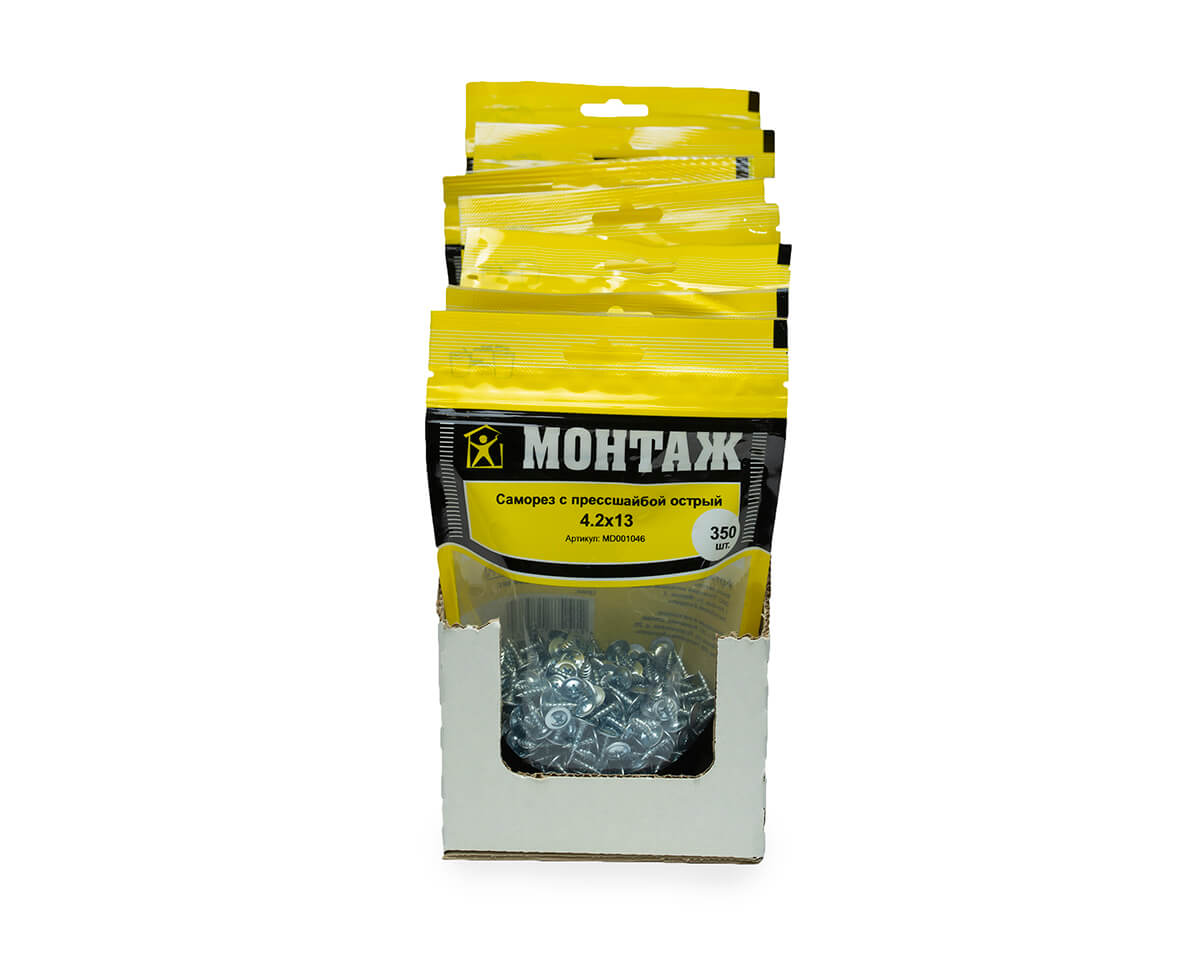 Саморез с прессшайбой 4.2x13, острый, цинк, дой-пак M, МОНТАЖ (пакет/350шт)