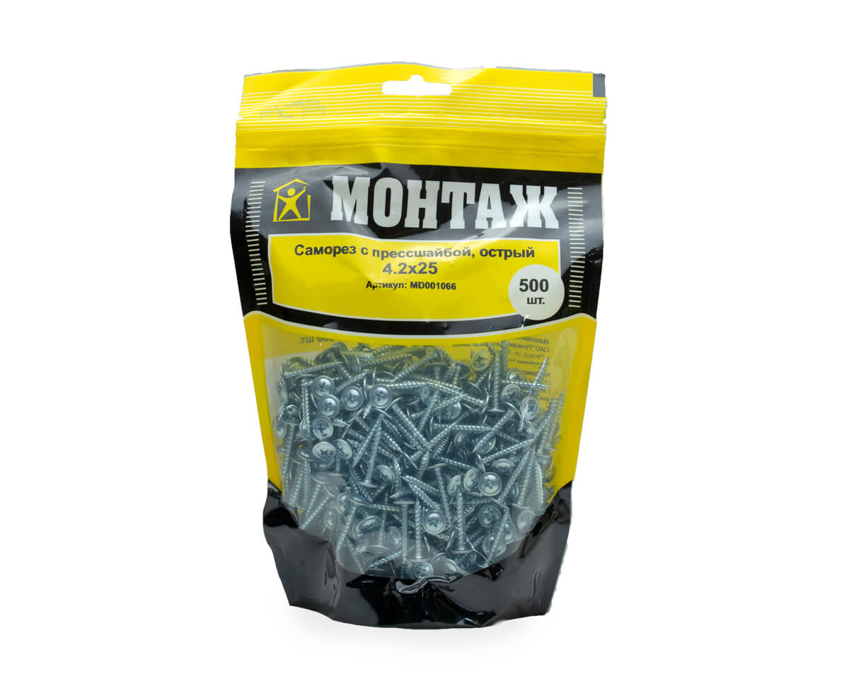 Саморез с прессшайбой 4.2x25, острый, цинк, дой-пак L, МОНТАЖ (пакет/500шт)