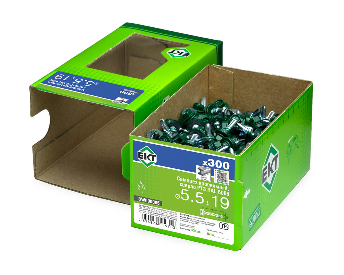 Саморез кровельный с резин. прокл. 5.5х19 сверло PT3, RAL 6005, в коробке с окном, ЕКТ (упак/300шт)