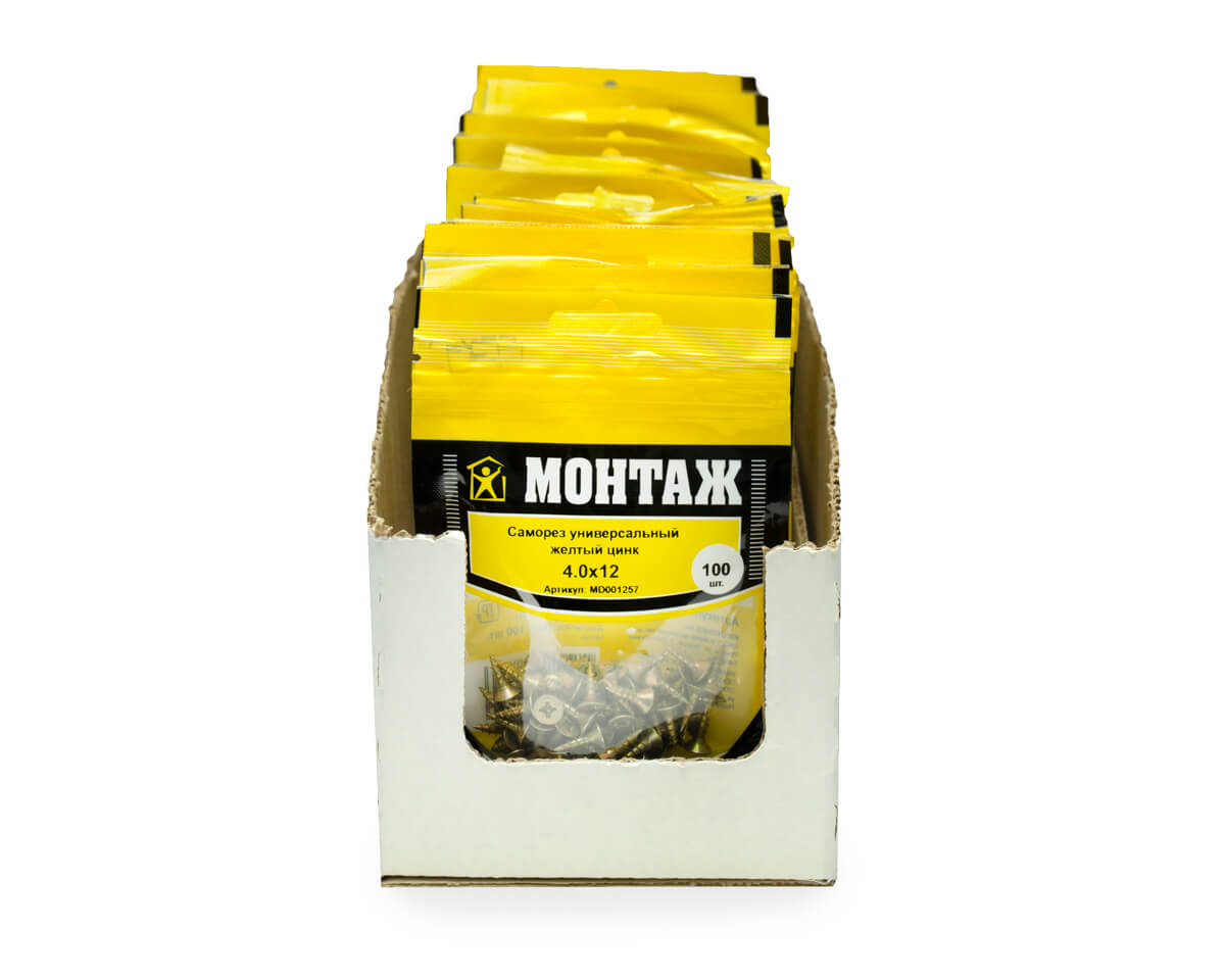 Саморез универсальный 4.0x12, желтый цинк, дой-пак S, МОНТАЖ (пакет/100шт)