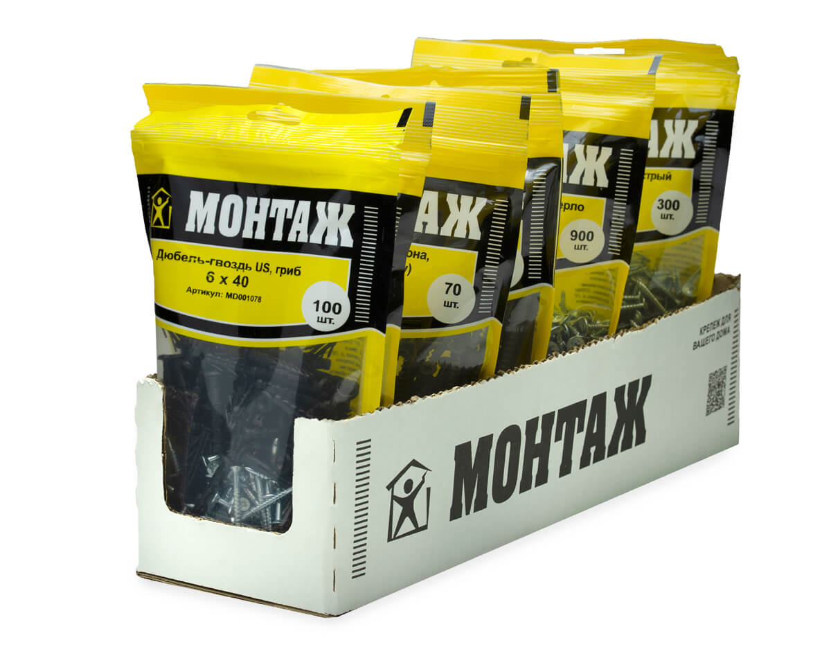 Дюбель-гвоздь US, 6x40 гриб, п/в, МОНТАЖ (дой-пак L/100шт)
