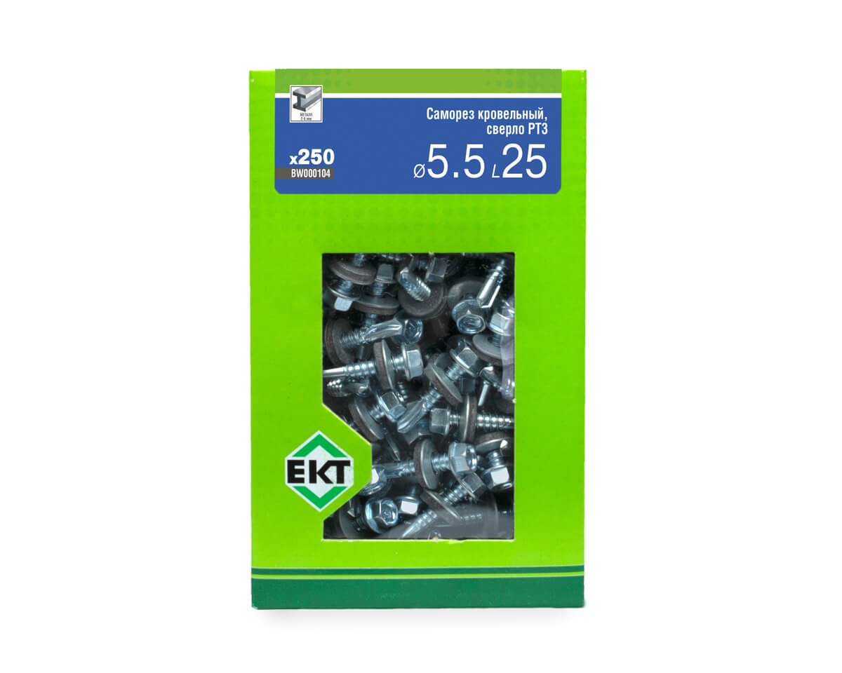 Саморез кровельный с резин. прокл. 5.5х25 сверло PT3, цинк, в коробке с окном, ЕКТ (упак/250шт)