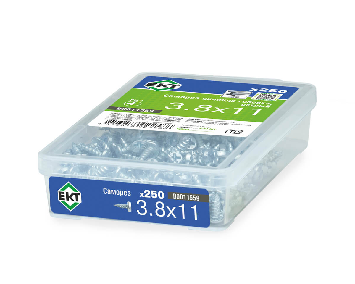 Саморез с цилиндрической головкой, 3,8х11, острый, цинк, в пласт. контейнере (упак/250шт)