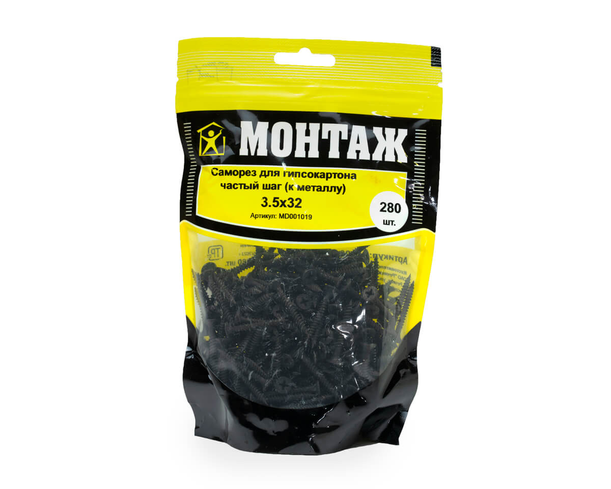 Саморез для гипсокартона 3.5x32, частый шаг (к металлу), фосфат, дой-пак M, МОНТАЖ (пакет/280шт)