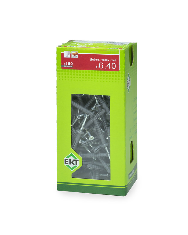 Дюбель-гвоздь GL, 6x40 гриб, п/п, ЕКТ (кор. с окном/180шт)